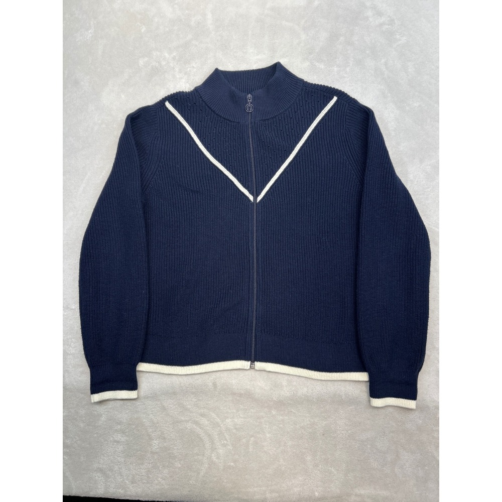 T by Talbots Full Zip Cardigan Women M Navy Blue White Contrast Mock Neck